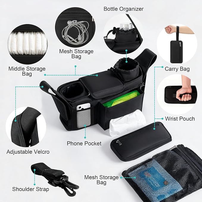 Universal Stroller Organizer with Insulated Cup Holder Detachable Phone Bag & Shoulder Strap, Bag Caddy Fits for Stroller like Uppababy, Baby Jogger, Britax, BOB, Umbrella & Pet Stroller
