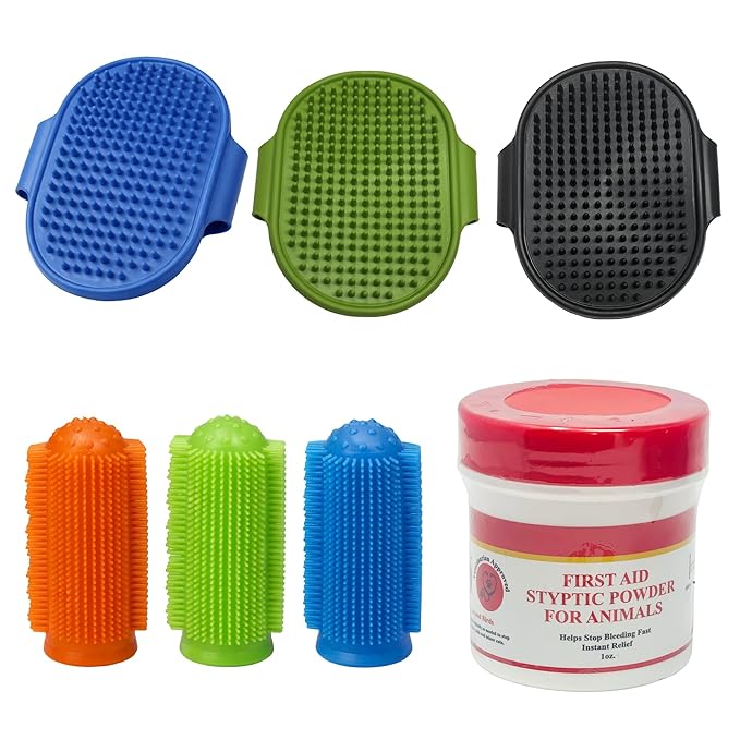 Pet Grooming & Care Kit with Styptic Powder – Dog & Cat Bath Brush, Finger Toothbrush Set, 1oz Pet Nail Stop Bleeding Powder – Complete At-Home Grooming Bundle (7, Multicolor)