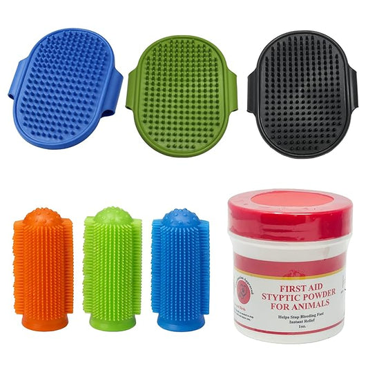 Pet Grooming & Care Kit with Styptic Powder – Dog & Cat Bath Brush, Finger Toothbrush Set, 1oz Pet Nail Stop Bleeding Powder – Complete At-Home Grooming Bundle (7, Multicolor)