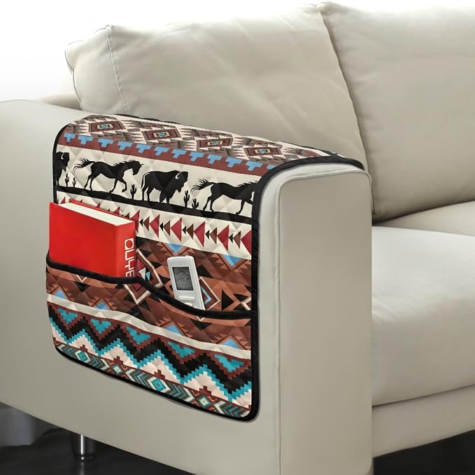 Aztec Stretch Couch Arm Covers with 2 Pockets Breathable Armrest Covers Chairs Arm Cover Easy to Clean, Scratch-Resistant Sofa Arm Protector Home Furniture Decor Cover