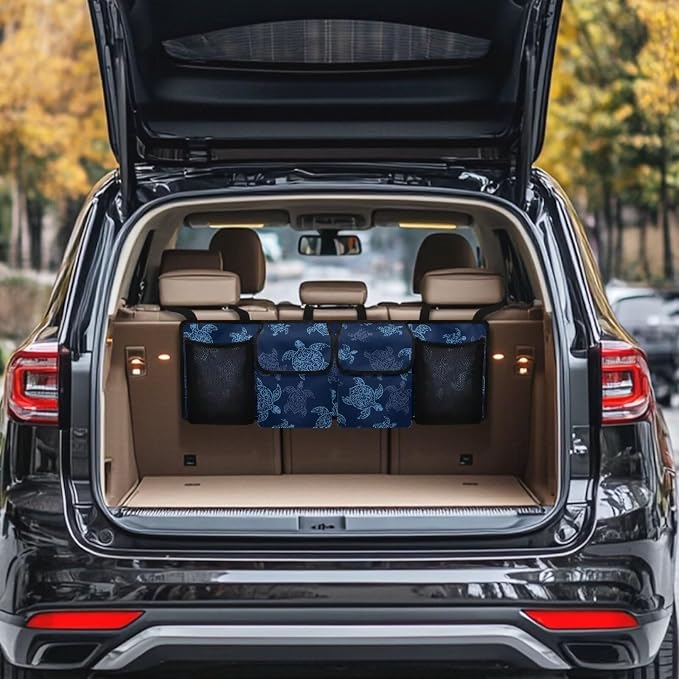 Dreaweet Blue Sea Turtle Car Trunk Organizer Hanging Back Seat Storage Bag with 4 Pockets,Turtle Car Accessories Waterproof Adjustable Large Capacity Collapsible Trunk Organizer for SUV Trucks Sedan