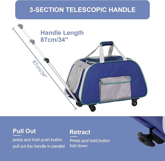 A 4 Pet Foldable Dog Carrier on Wheels, Up to 33 lbs, Navy Blue | Removable base, extendable handle, 4-wheel design, mesh ventilation, safety rope