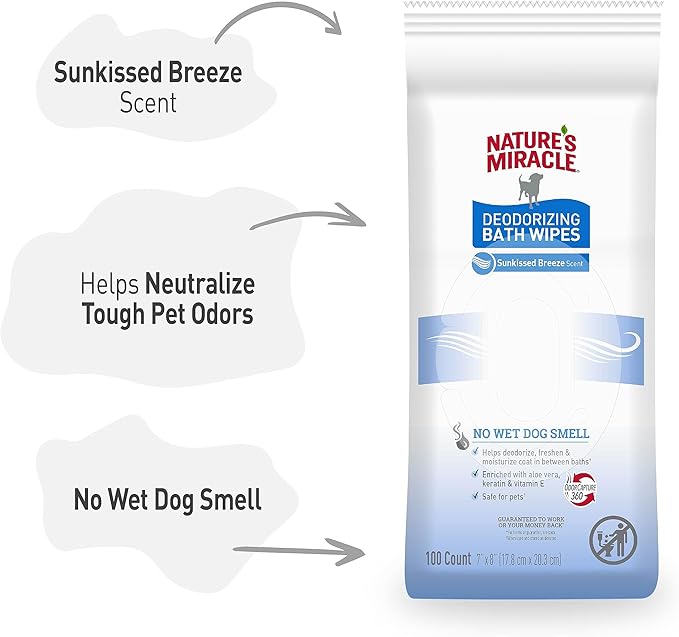 Nature's Miracle Deodorizing Bath Wipes Sunkissed Breeze Scent, 100 Count (Pack of 3)
