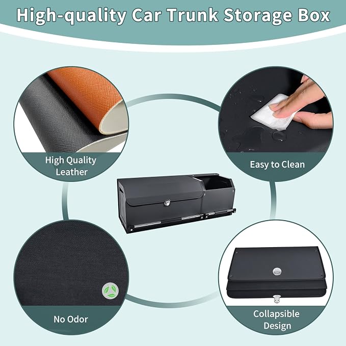 Leather Car Trunk Organizer SUV Trunk Organizer Car Trunk Storage Organizer | Large Trunk Organizer with Lid and Sturdy Handle Car Cargo Storage Box (Black, 36.2 x 11.4 x 12.2in)