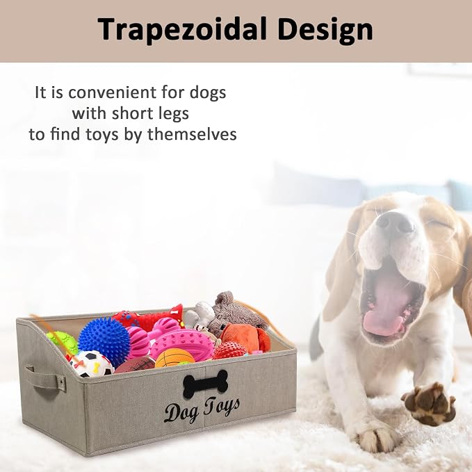 Large Dog Toy Basket Collapsible Dogs Toy Box Fabric Trapezoid Dog Toys Bin Storage for organizing pet Toys/Blankets/leashes/Rope Toys/Clothing-Can be Personalized-KhakiStripe