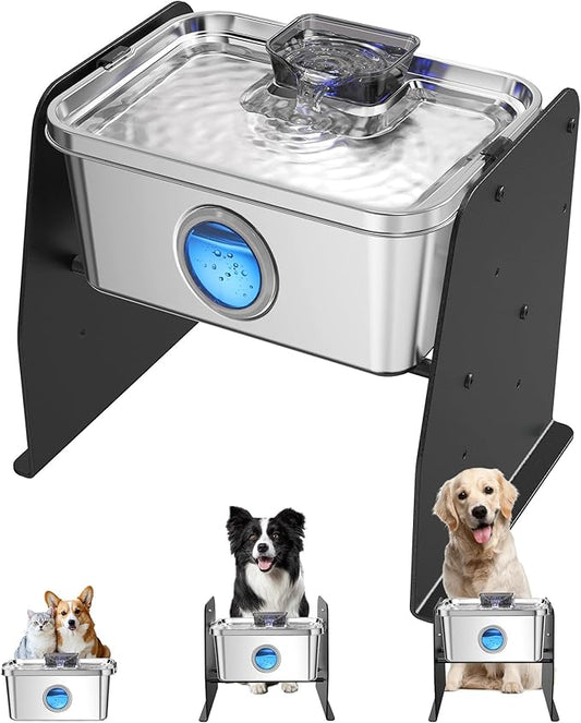 PETIMI Elevated Dog Bowl, 2 Gallon Dog & Cat Water Fountain with Stand, Large Indoor Raised Dog Bowl, Ultra Quiet Pet Fountain, Adjustable Height, Safety Lock, Anti-Tip, 3 Filters Included, Smart Pump