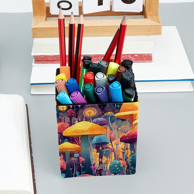 Mushroom Pen Holder for Desk Decor, Rectangular PVC Leather Pencil Cup for Desk Pen Organizer, Makeup Brush Holder for School, Home, Office