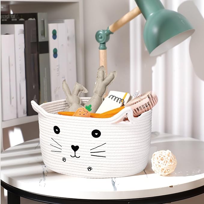 Zopeal Cat Storage Basket Woven Organizer with Ears Decorative Gift Cute Cotton Rope Pet Toy Basket for Gift Cat Dog Toy Bin Nursery Room(13.7 x 7.8 Inch,White)