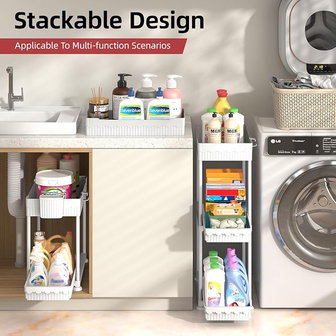 4-Pack 2-Tier Under Sink Organizer with Pull Out Drawers | Multi-use kitchen & bathroom storage. Includes hanging hooks and cups. White, space-saving cabinet design. 12.8 Inch