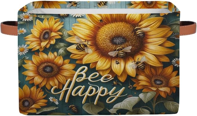 Bee Sunflowers Storage Baskets with Handles Fabric Storage Boxes Collapsible Nursery Basket for Shelf Book Cloth 15 X 11 X 9.5 IN Closet Organizer Bins