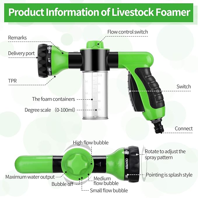 2 Pcs Hose Nozzle with Soap Dispenser, Rubber Comb Brush, and Spray Foamer for Pet Showering - Outdoor Bathing Sprayer Bottle (Green)