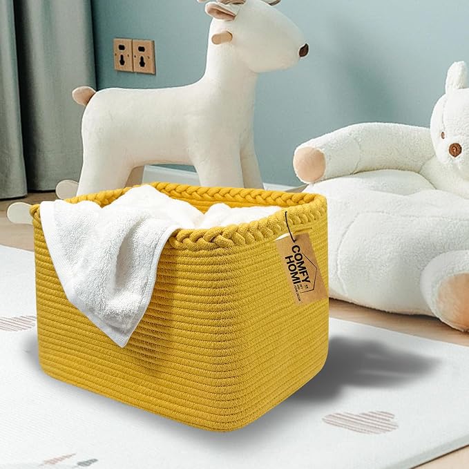 COMFY-HOMI Cotton Rope Woven Basket with Handles for Shelves,Toys,Book, Cloth Storage Baskets Bin for Organizing- 1 PCSToy Decorative Organizer for Living Room, Bathroom