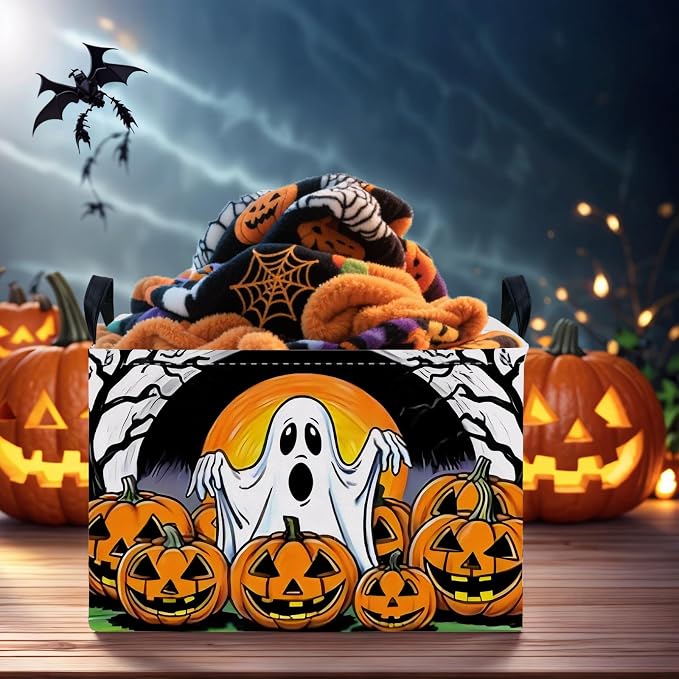 Large Halloween Basket Gift Cute Ghost Pumpkin Parties Decor Kid Trick or Treat Basket for Boys and Girls Rectangular Storage Bin Box (Great Ghost)