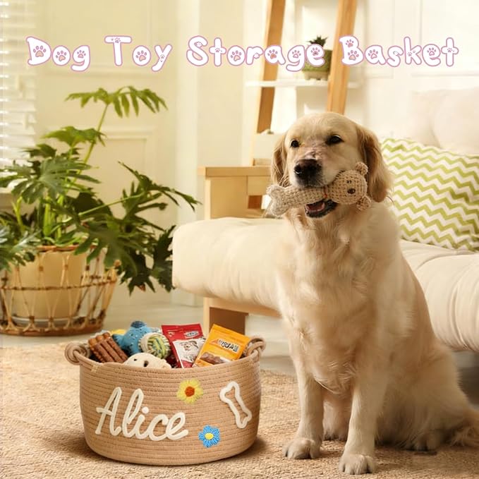 Personalized Dog Cat Toy Storage Basket Bin with Name Custom Puppy Cotton Rope Organizer Box for Toys Pet Supplies Puppy Birthday Gifts Basket