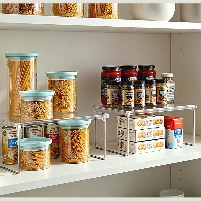 Pantry Organizer, Cabinet Storage Shelf Rack, Stackable Kitchen Cabinet, Foldable Countertop Shelf Organizer, 2 Pack