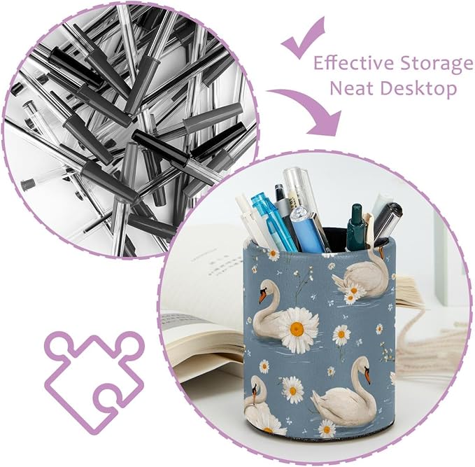 Faux Leather Pen Holder for Desk, Pencil Organizer Geese and Daisies Pen Cup Desk Decor Makeup Brush Holder Storage for Office Home