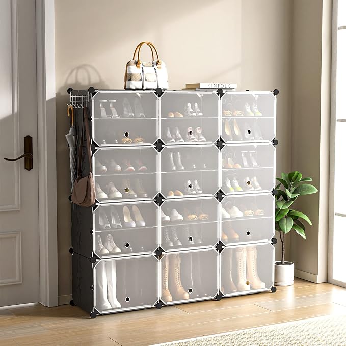 GOFLAME Portable Shoe Rack Organizer, 48 Pairs Expandable Modular Shoe Storage Cabinet with Doors, Adjustable Panels, 8-Tier DIY Shoe Shelves for Closet, Hallway, Entryway, Easy Assembly, Black