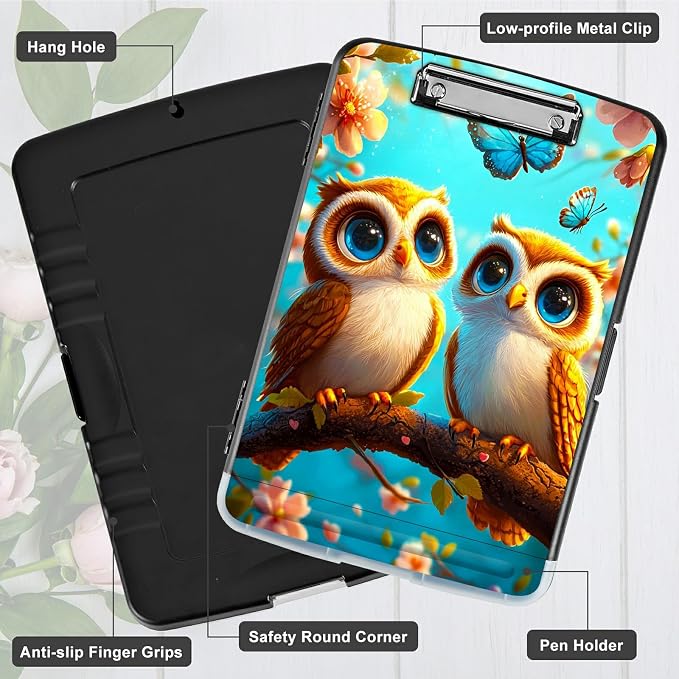 Owl Blue A4 Clipboard with Storage Pen Holder, Clipboards Organizer Nursing Clipboard Foldable File Folder Plastic Clipboard Folio Clip Board for Office Students Classroom Doctor