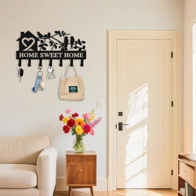 Personalized Keys Holder on Wall, Bird House Metal Key Organizer with Hooks, Home Sweet Home Metal Key Rack for Entryway Decor, Key Holder Wall Mount with Free Dardware, Ideal Housewarming Gift