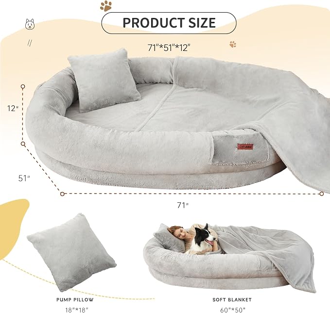 Fvkind Human Dog Bed for Adult, Human Sized Dog Bed, 71"x51"x12", Grey | Human Dog Bed, Adult Dog Bed for Humans, Thick Orthopedic Egg Crate Foam, Plush Faux Fur Cover, Blanket and Pillow Included