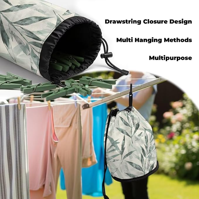 Bamboo Leaf Clothespin Bag Holder Hanging Clothespin Bag with Hooks Large Capacity Clothespin Storage Organizer for Clothesline Outdoor