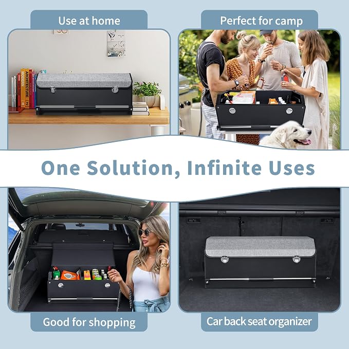 Car Trunk Organizer Leather Car Storage Organizer with Lid Car Organizer | Suv Trunk Organizer with Sturdy Handle Car Cargo Storage Box for Minivan, Sedan, Jeep (Grey, 27 x 11.4 x 12.2in)