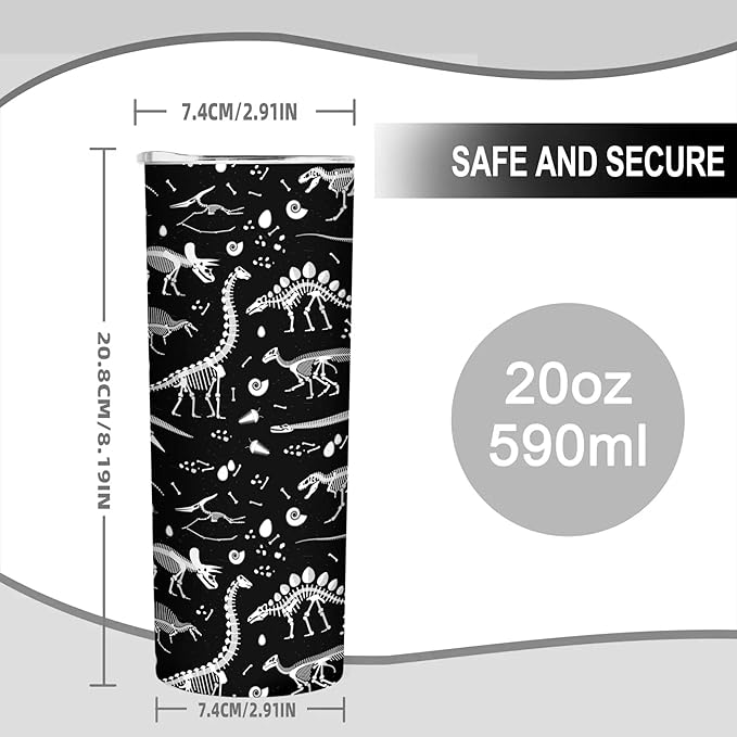 20 oz Insulated Stainless Steel Tumbler Mug, Black and White Dinosaur Skeleton Cup with Lid, Hot and Cold Insulation Presents for Men Women Teens