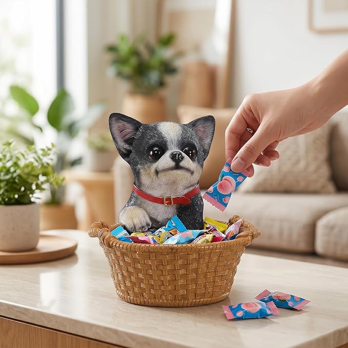 Cute Chihuahua Candy Bowl, Resin Dog Figurine Key Bowl for Entryway Table, Desktop Storage Basket Organizer for Desk, Unique Dog Lover Gift