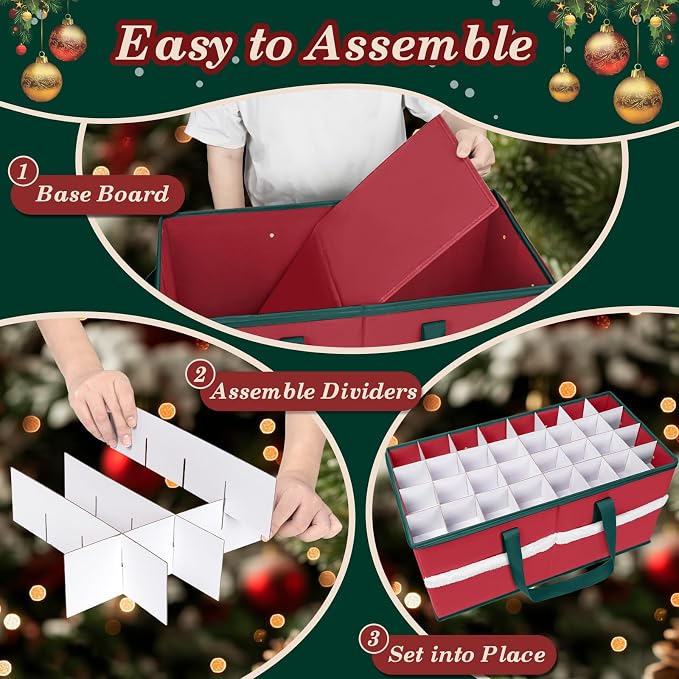 Christmas Ornament Storage Box with Adjustable Dividers Zippered Top Stores up to 128 Holiday Ornaments (3 Inch) Xmas Ball Decorations Organizer Storage Container Bin