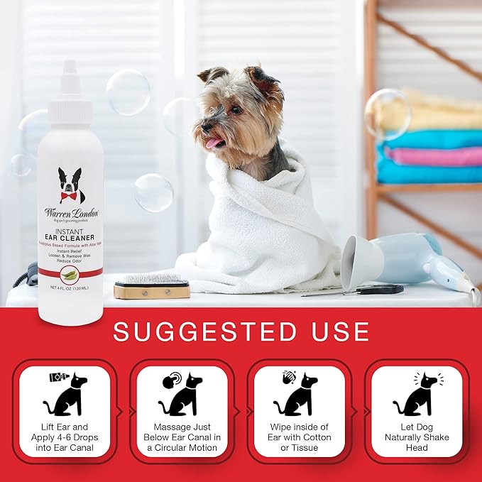 Warren London Ear Cleaner for Dogs & Cats 4 oz | Instant Aloe & Eucalyptus Ear Wash Solution – Cleans, Deodorizes, Soothes Itchy Ears, Prevents Wax & Odor | Puppy & Kitten Safe | Made in USA | 4oz