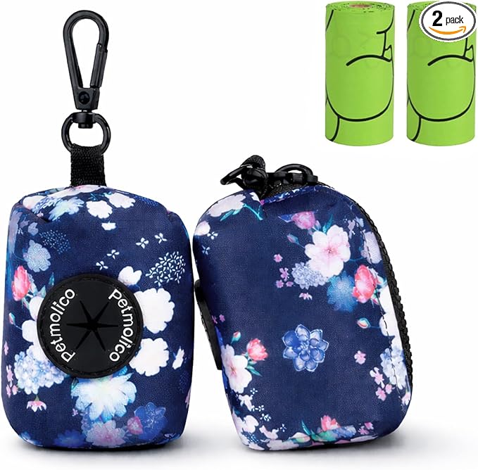 Petmolico Dog Poop Bag Holder Dispenser 2 Pack, Blue & White | Zippered pouch fits any leash, includes free roll of bags, lightweight & portable for daily walks, travel & outdoor use