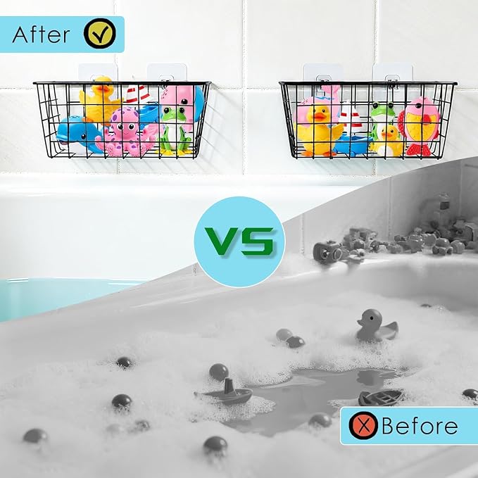 Hanging Bath Toy Storage Basket - 2 Pack Metal Bath Toy Holder with Hooks - Bathtub Toy Storage Organizer for Baby Bath Kids Shower Bathroom