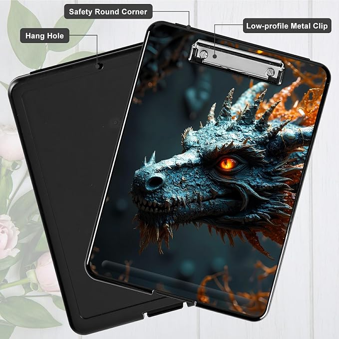 Heavy Duty Storage Clipboard, Slim Nursing Clipboard with Internal Pen Case, Portable File Organizer Case for A4 Letter Size Paper Office Medical Professionals, Forest Grey Dragon