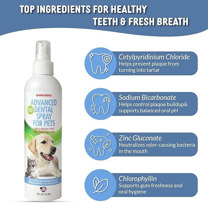 Dog Dental Spray Removes Tartar, Plaque and Freshens Breath Instantly. The Most Advanced Dental Spray for Healthy Teeth, Gums and Oral Health Care for Your Dog, Cat or Pet - 1-8 oz. Bottle