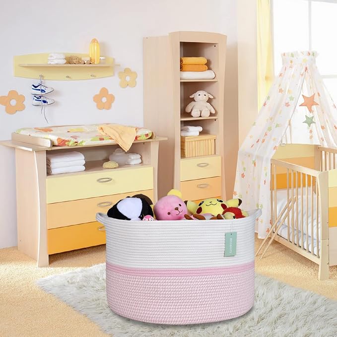 Cotton Rope Basket for Girls Kids, 87L Laundry Hamper, White & Pink