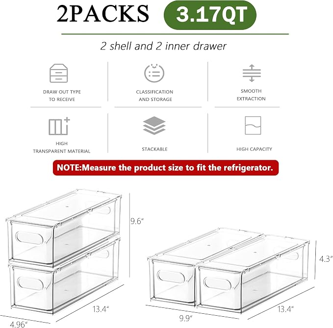 Refrigerator Organizers and Storage, 2 Pack BPA-Free Sturdy Stackable Clear Pull out Drawer Organizer Bins, Fridge Organizers and Storage for Fruit, Produce, Drink, Snack and Food Storage Containers