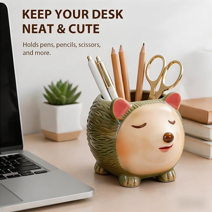 Ceramic Hedgehog Shaped Pen Pencil Holder for Desk Decoration Accessories Hedgehog Decor Makeup Brush Pen Cups Succulent Plant Pot Office School Ideal Gifts for Women, Mom or Birthdays