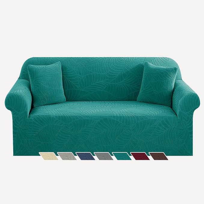 YEMYHOM Couch Cover Latest Jacquard Design High Stretch Sofa Covers for 2 Cushion Couch, Pet Dog Cat Proof Loveseat Slipcover Non Slip Elastic Furniture Protector (Medium, Begonia Leaf Blackish Green)