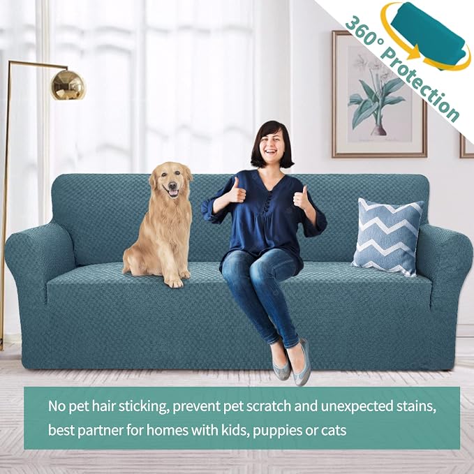 YEMYHOM Couch Cover Latest Jacquard Design High Stretch Sofa Covers for 3 Cushion Couch, Pet Dog Cat Proof Slipcover Non Slip Magic Elastic Furniture Protector (Sofa, Teal)