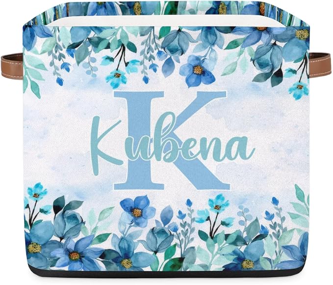 Personalized Name-Initial Blue Flower Storage Baskets for Girls Women, Custom Portable Square Storage Bins with Handles Foldable Organizer for Clothes, Toys, Blanket, Towel,Pet 13”