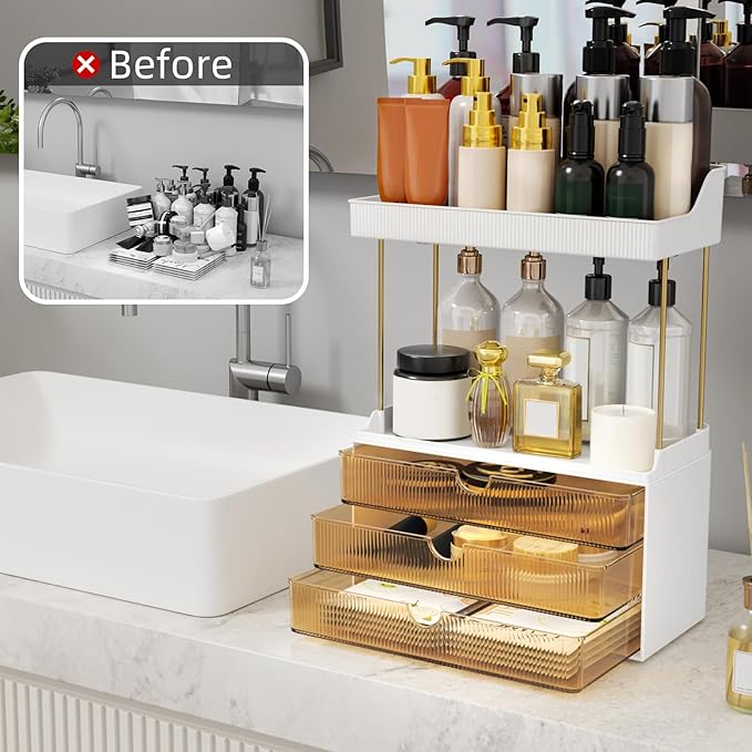 StorBin Arcylic 5-Tier Makeup & Skincare Organizer for Vanity, Bath | Smooth 3 drawers, clear body, gold frame, non-slip, for perfumes, serums, face masks, palettes, vanity & bath counter,Amber