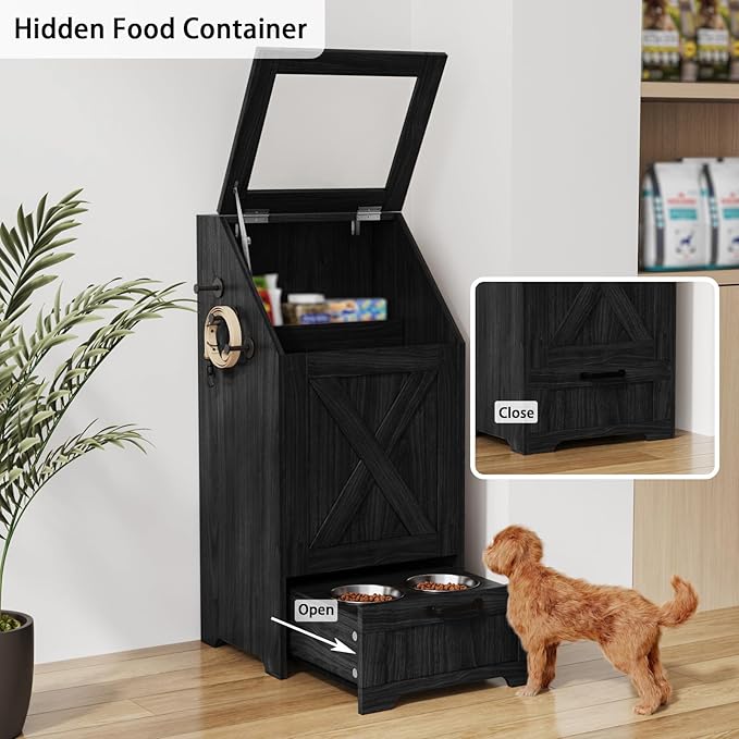 Pet Feeding Station with Storage Cabinet & 2 Elevated Bowls,Hooks,Black | Flip-top Sealed Food Bin.Pull-out Bowl Drawer with Wheels.3 Side Hooks+Internal Shelf for Cans.Anti-tip Device.For Dogs/Cats.