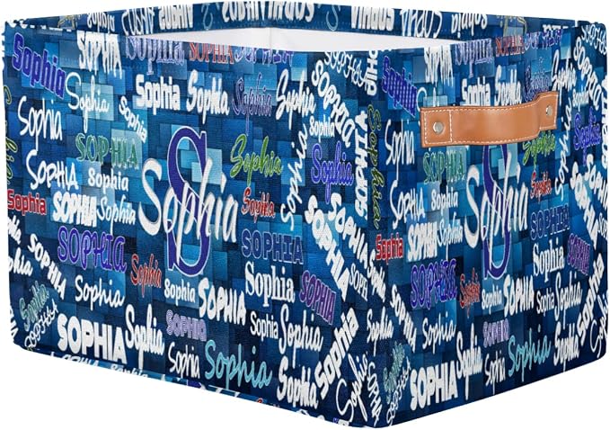 Custom Storage Baskets Name, Personalized Storage Bins Basket Boxes PU Leather Handles for Clothes Bedroom Closet Organizing Toys Books Shelves, Blue Geometric Pattern Background