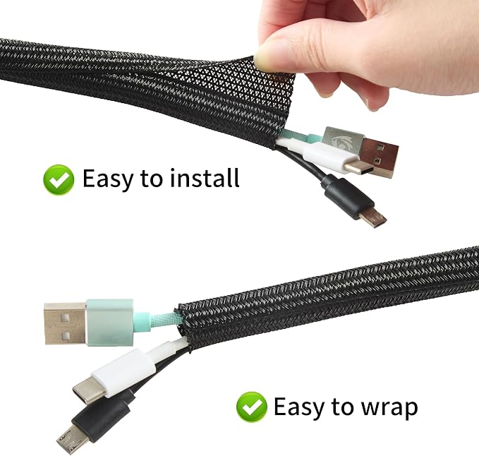 Split Wire Loom 1/2 Inch 25ft, Braided Cable Sleeve for Cable Management, Cord Protector for Pets, TV, Desk & Automotive, Black