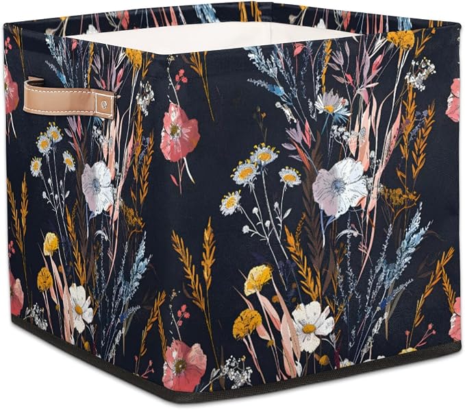 Wildflower Plant Cube Storage Bin, 13 Inch Collapsible Fabric Storage Cubes Bin, Flower Floral Foldable Cube Baskets for Shelf, Closet, Organizer