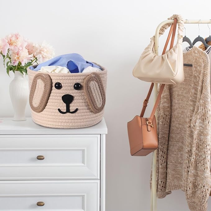 Zopeal Dog Woven Basket, 7.9" D x 6" H Cotton Rope Toy Storage Organizer, Dog Mom Gift Empty, Cute Laundry Puppy Gift Animal Basket for Clothes, Towels, Toy, Laundry, Bathroom, Home(Khaki, Beige)