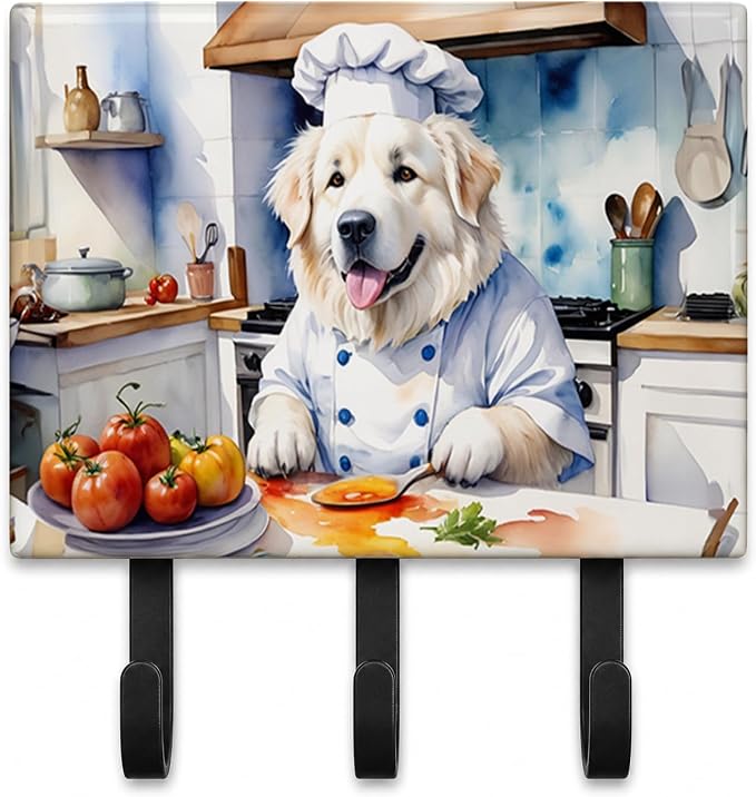 Caroline's Treasures Great Pyrenees The Chef Leash or Key Holder Wall Hooks, Key Hooks Holder, Coat Rack Wall Mount, Coat Hooks, Hooks for Hanging Keys, Towels, Aprons, Leashes | Great Pyrenees The Chef artwork on ceramic tile with three steel hooks fo...