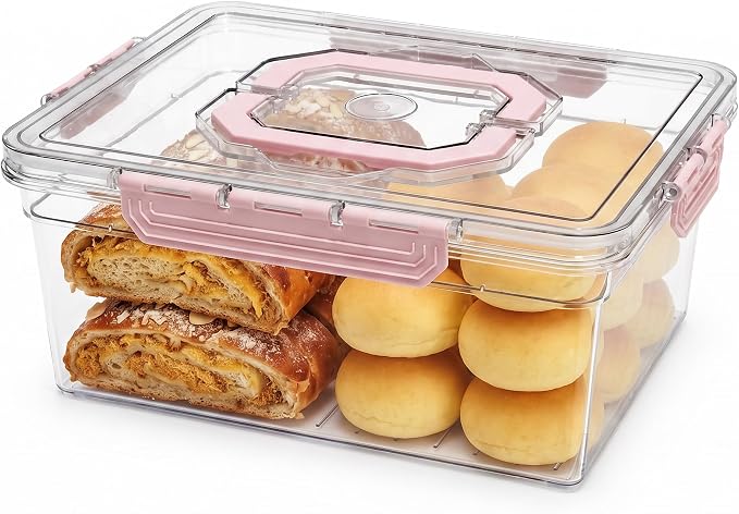 VECELO 2‑in‑1 Bread Slicer & Airtight Bread Storage Box with Handle, Plastic Bread Container with Lid for Keeping Fresh, Ideal for Bread, Cake, Buns,Pink