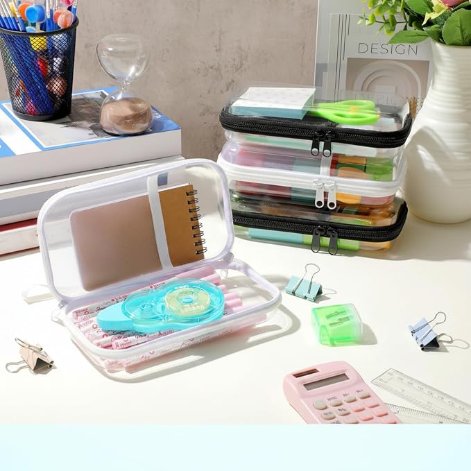 Sanwuta 4 Pcs Clear Hard Shell Zipper Case Clear Travel Pouches Bulk Plastic Portable Travel Organizer Bin with Mesh Pocket Toiletry Pouch Cosmetics Makeup Bag Snack Toiletry Bag(Black and White)
