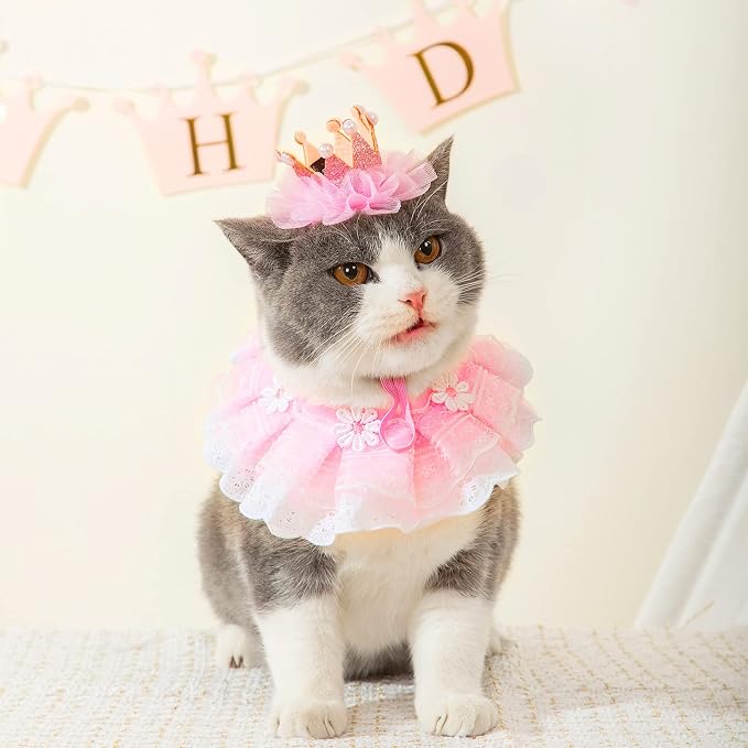 Cat Princess Costumes Cat Crown Hat & Lace Bandana Scarf Set, Puppy Party Hat for Small Dogs & Cats, Lace Outfit for Cats and Small Dogs Birthday Party (Pink(Crown Hat&Scraf&Banner))